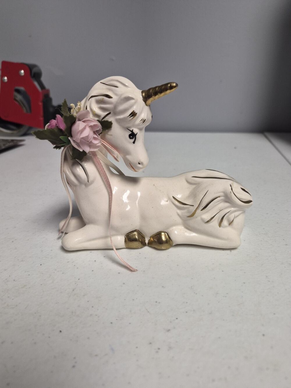 White Unicorn Figurine Fantasy Decor with Gold Horn Accents & Pink Flowers